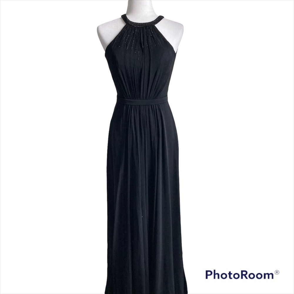 Long Black Halter Top Open Back Beaded Prom Formal Dress